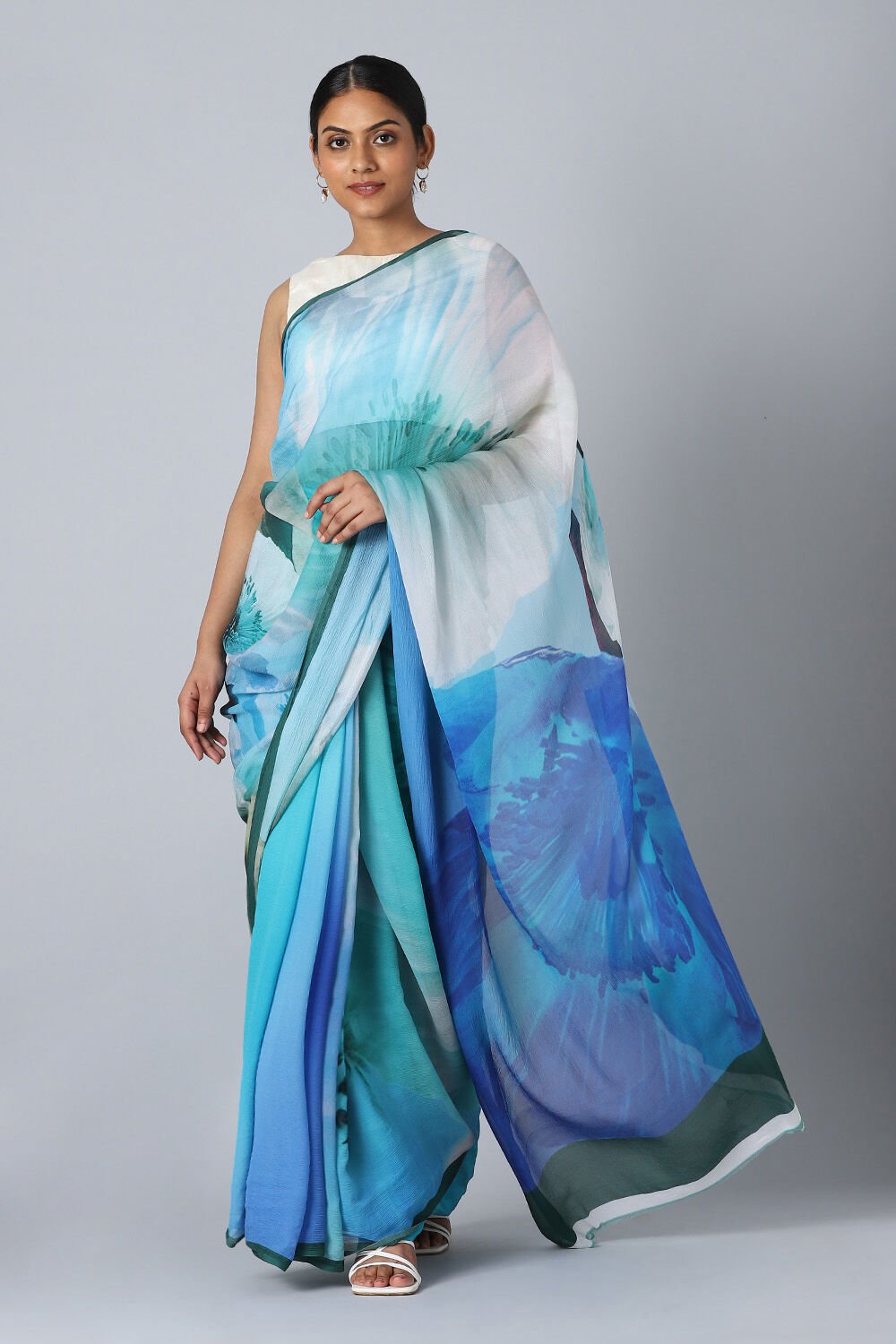 Blue Pure Chiffon Digital Printed Saree image number null