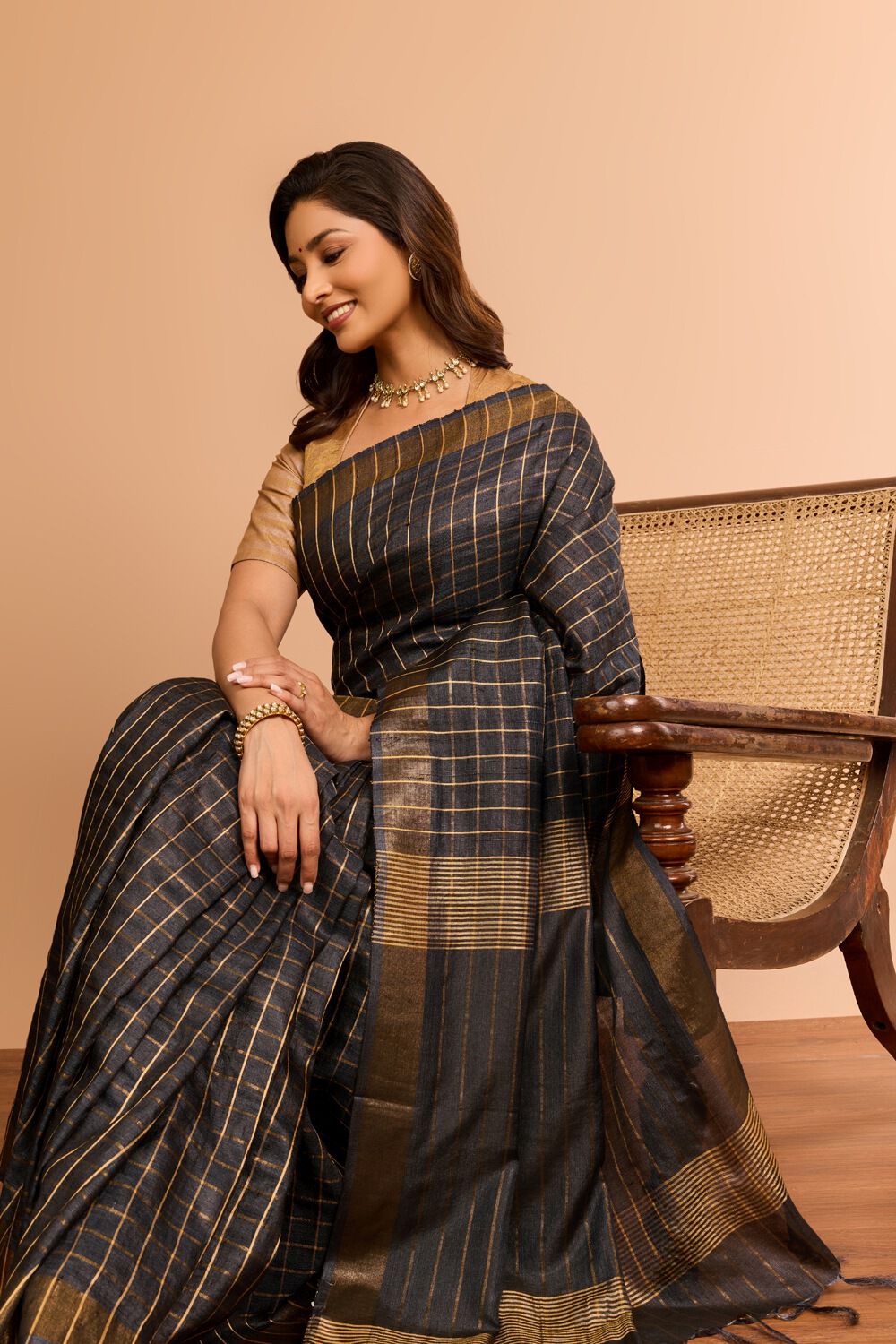 Black Bhagalpur Woven Pure Tussar Silk Saree image number null
