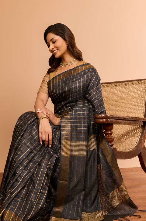 Black Bhagalpur Woven Pure Tussar Silk Saree