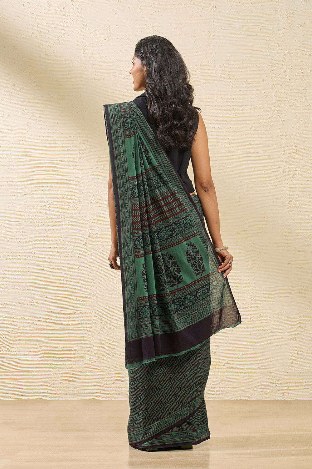 Dark Green Bagh Block Printed Pure Cotton Saree image number null