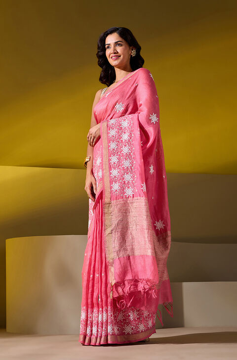 Pink Pure Silk Linen Embroidered Saree