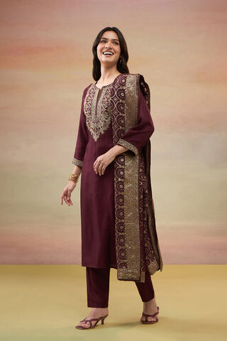 Dark Red Pure Viscose Embroidered Kurta Set thumbnail image number null