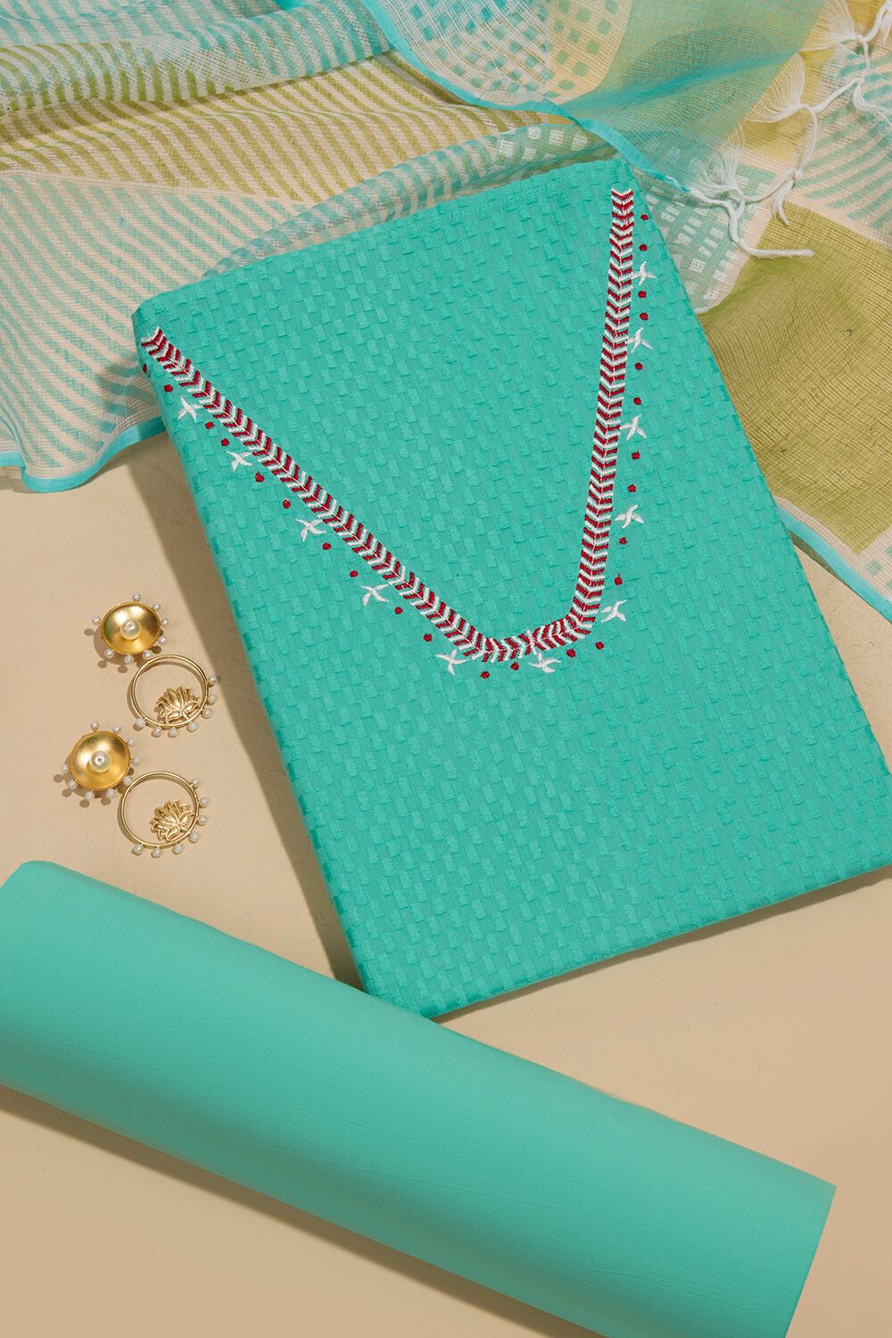 Light Blue Pure Cotton Embroidered Unstitched Suit Set image number null