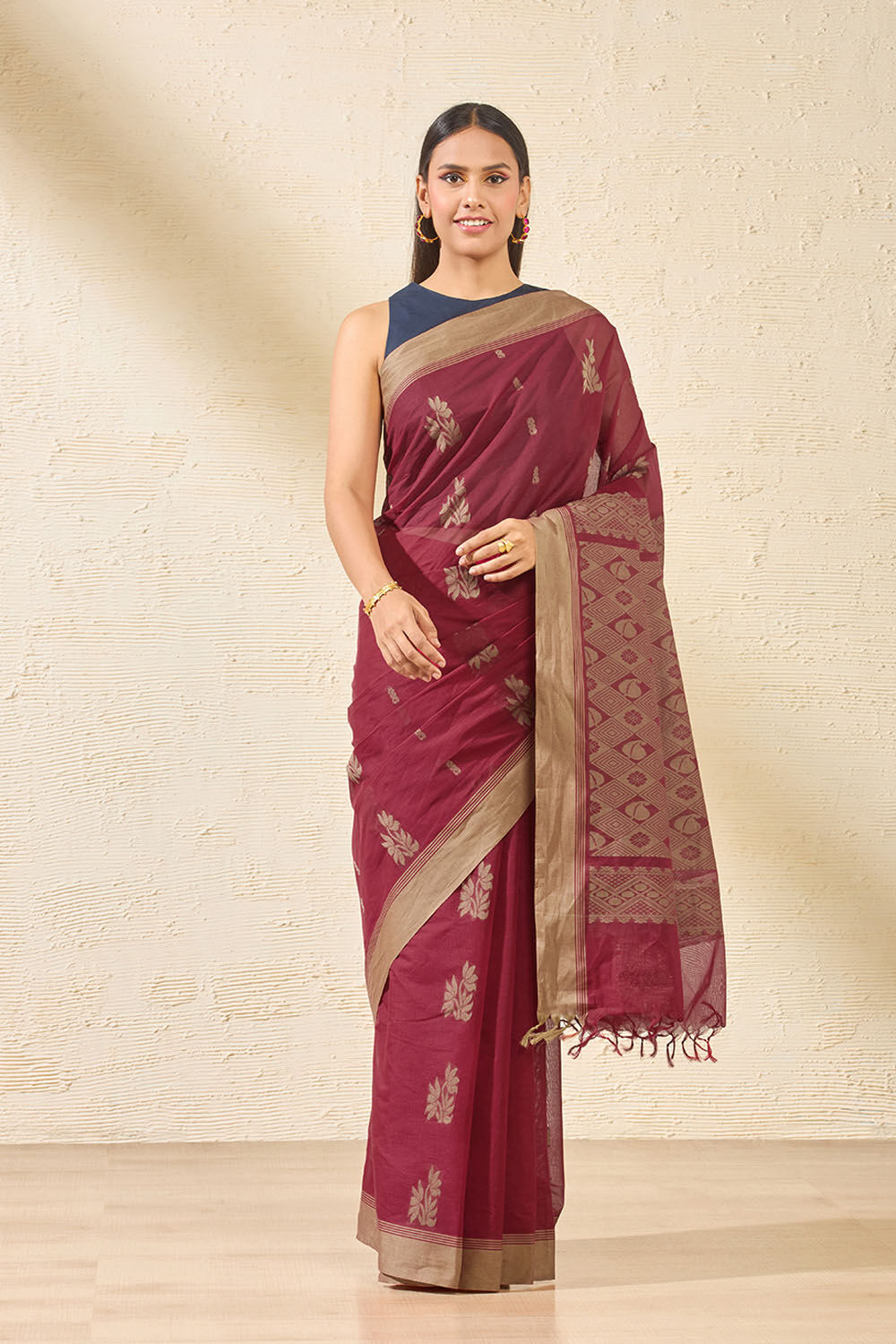 Dark Red Woven South Pure Cotton Saree image number null