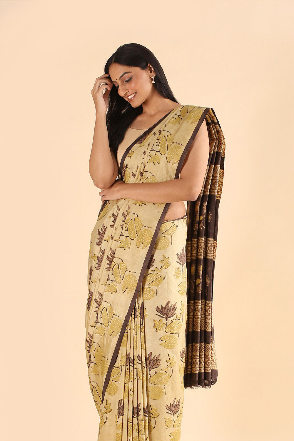 Brown Pure Silk Ajrakh Printed Saree image number null