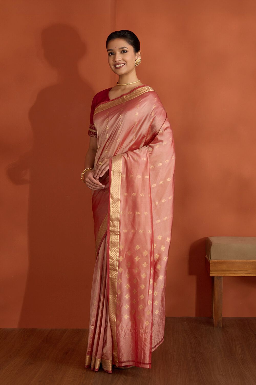 Light Red Silk Viscose Cutwork Banaras Inspired Design Saree image number null