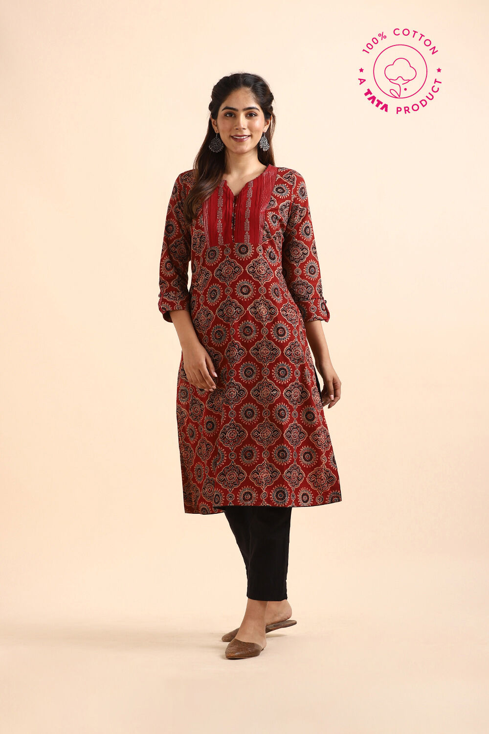 Dark Red Ajrakh Block Printed Cotton Kurta image number null