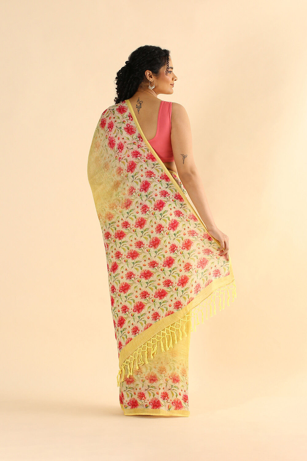 Light Yellow Pure Linen Digital Printed Saree image number null
