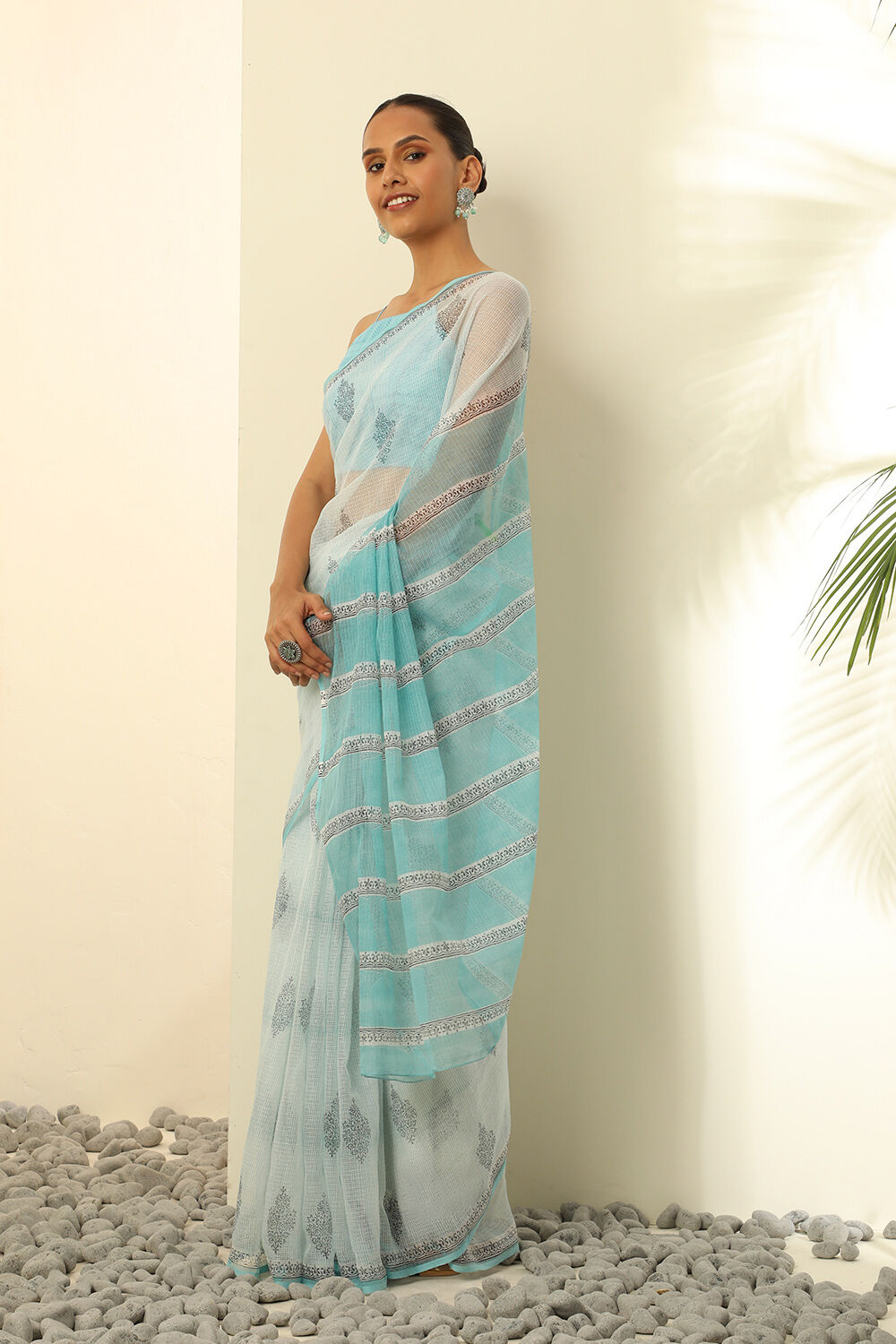 Blue Pure Cotton Kota Bagru Block Printed Saree image number null