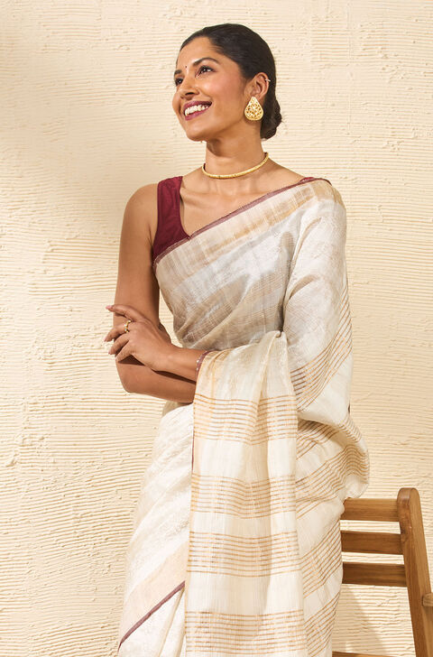 Off White Bhagalpur Woven Pure Tussar Silk Saree