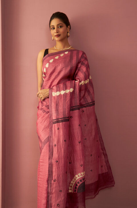 Pink Chattisgarh Pure Tussar Silk Hand Painted Saree