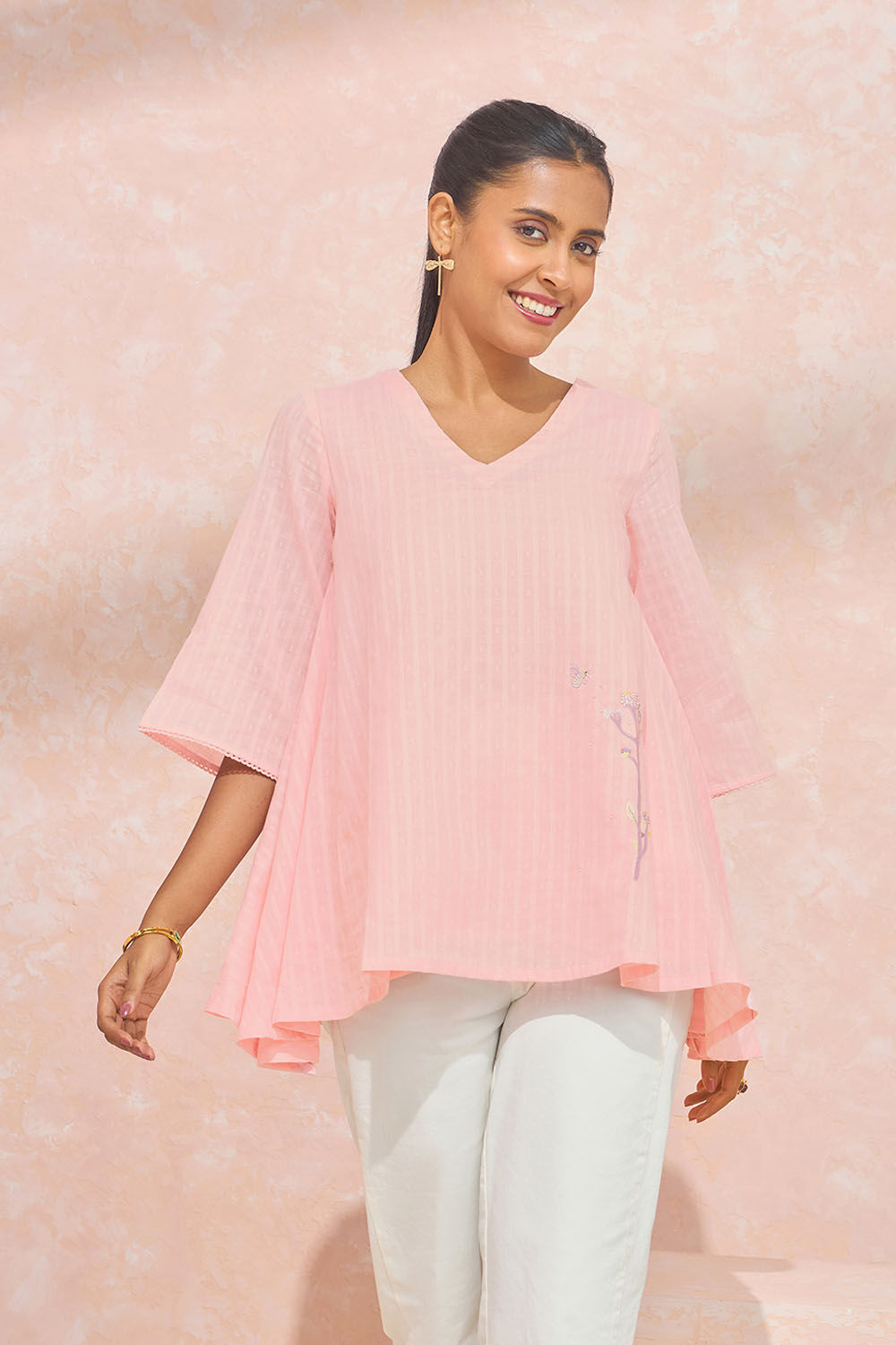 Light Pink Pure Cotton Embroidered Short Top image number null