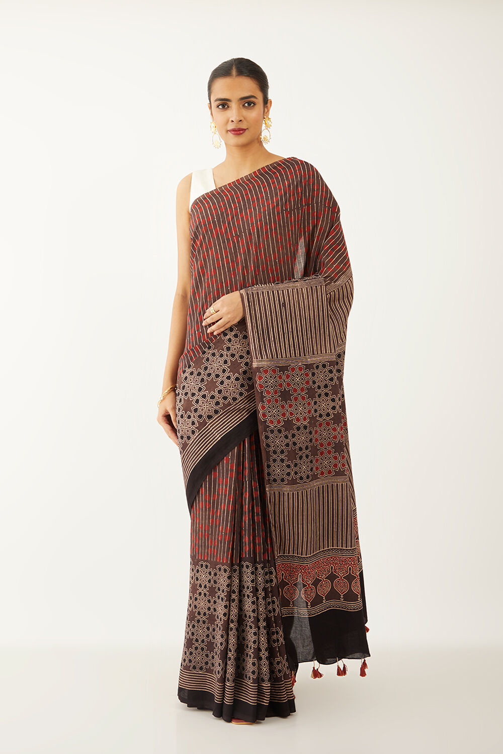 Brown Pure Cotton Ajrakh Block Print Saree image number null