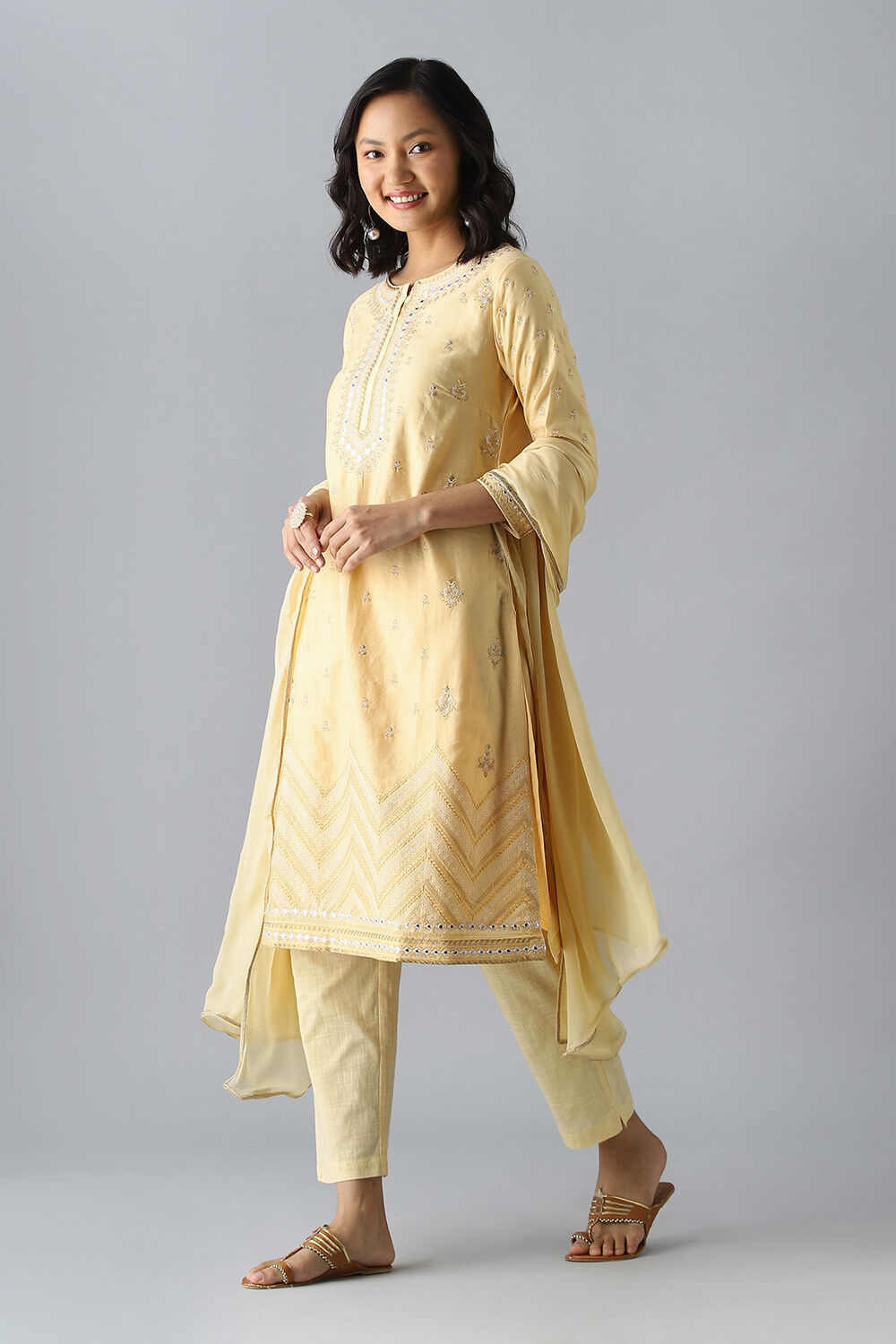 Light Yellow Embroidered Silk Cotton Kurta Set image number null