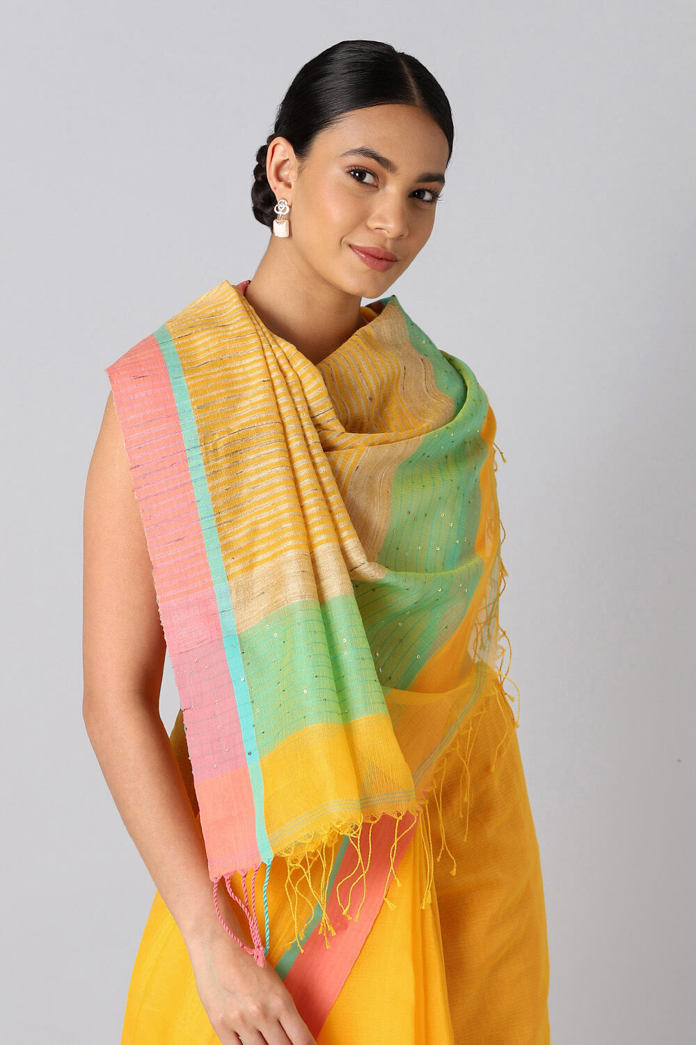 Yellow Pure Silk Cotton Bengal Saree image number null