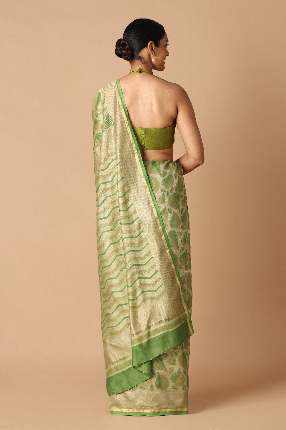Beige and Green Pure Silk Cotton Hand Printed Saree image number null