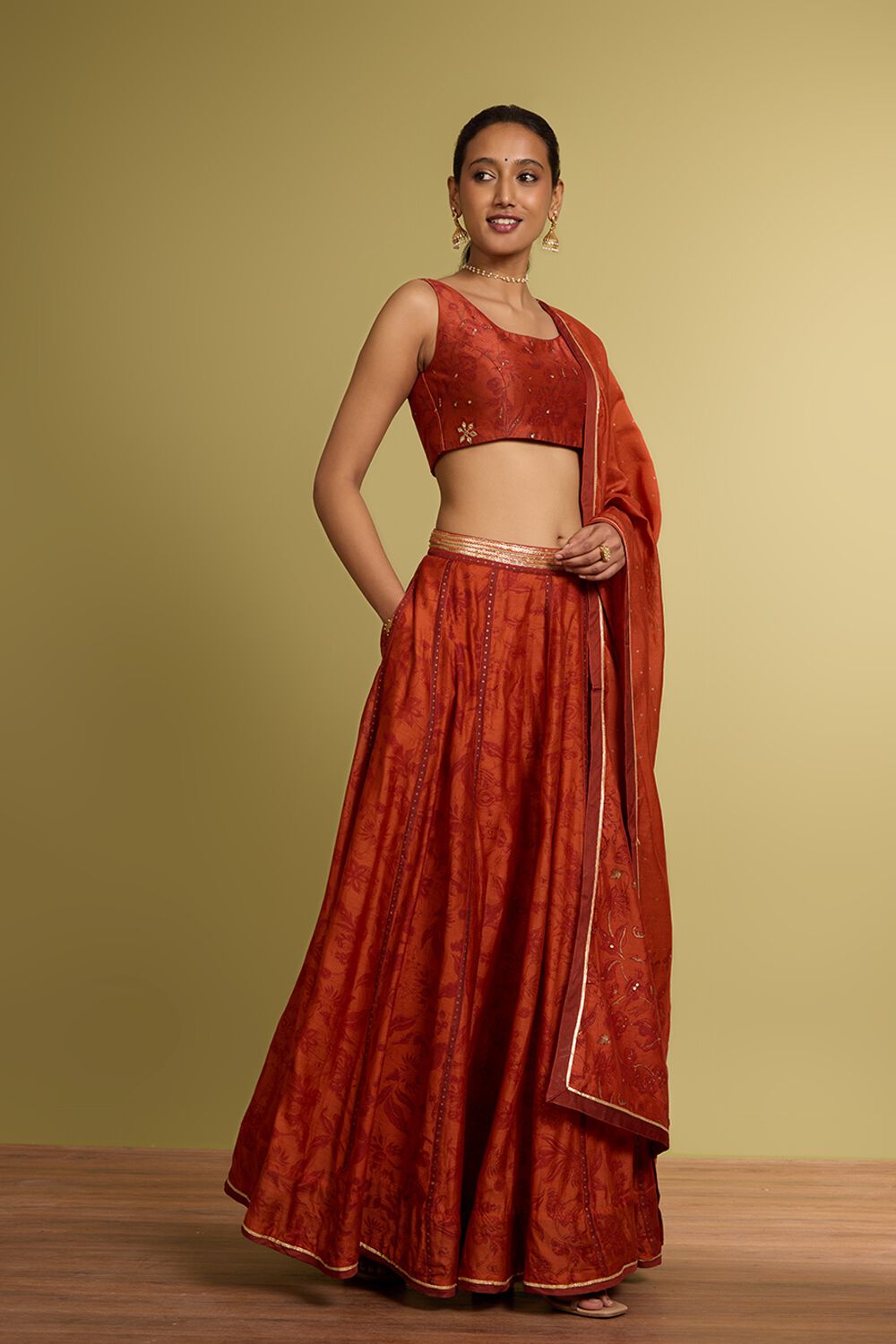 Dark Orange Rajasthan Pure Silk Cotton Printed Embroidery Lehenga image number null