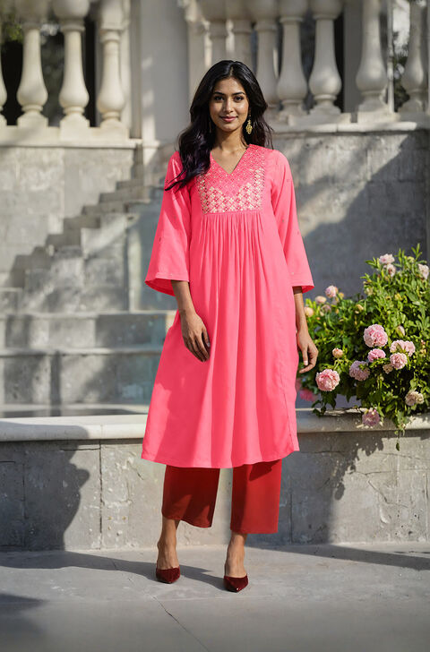 Pink Embroidered Modal Kurta