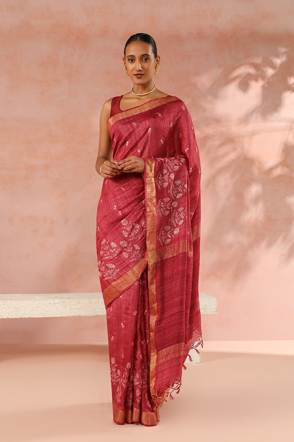 Maroon Contemporary Pure Tussar Silk Embroidery Saree image number null