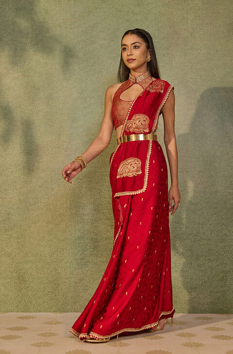 Red Rajasthan Viscose Satin Embroidered Saree