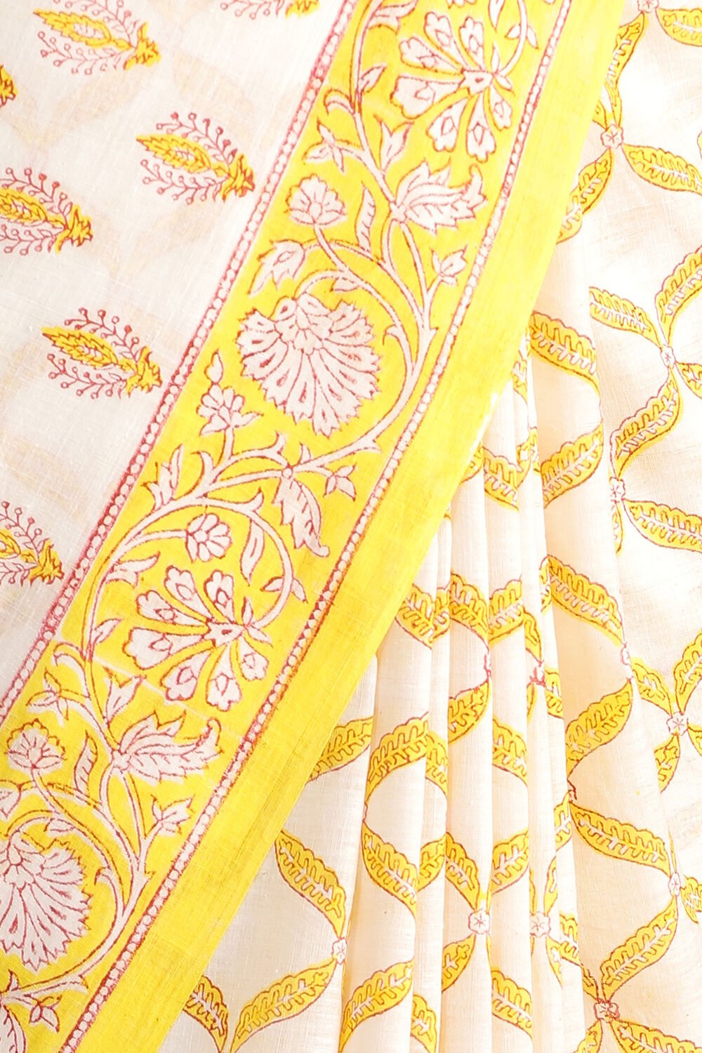 Light Yellow Pure Khadi Cotton Block Print Sanganeri Saree image number null