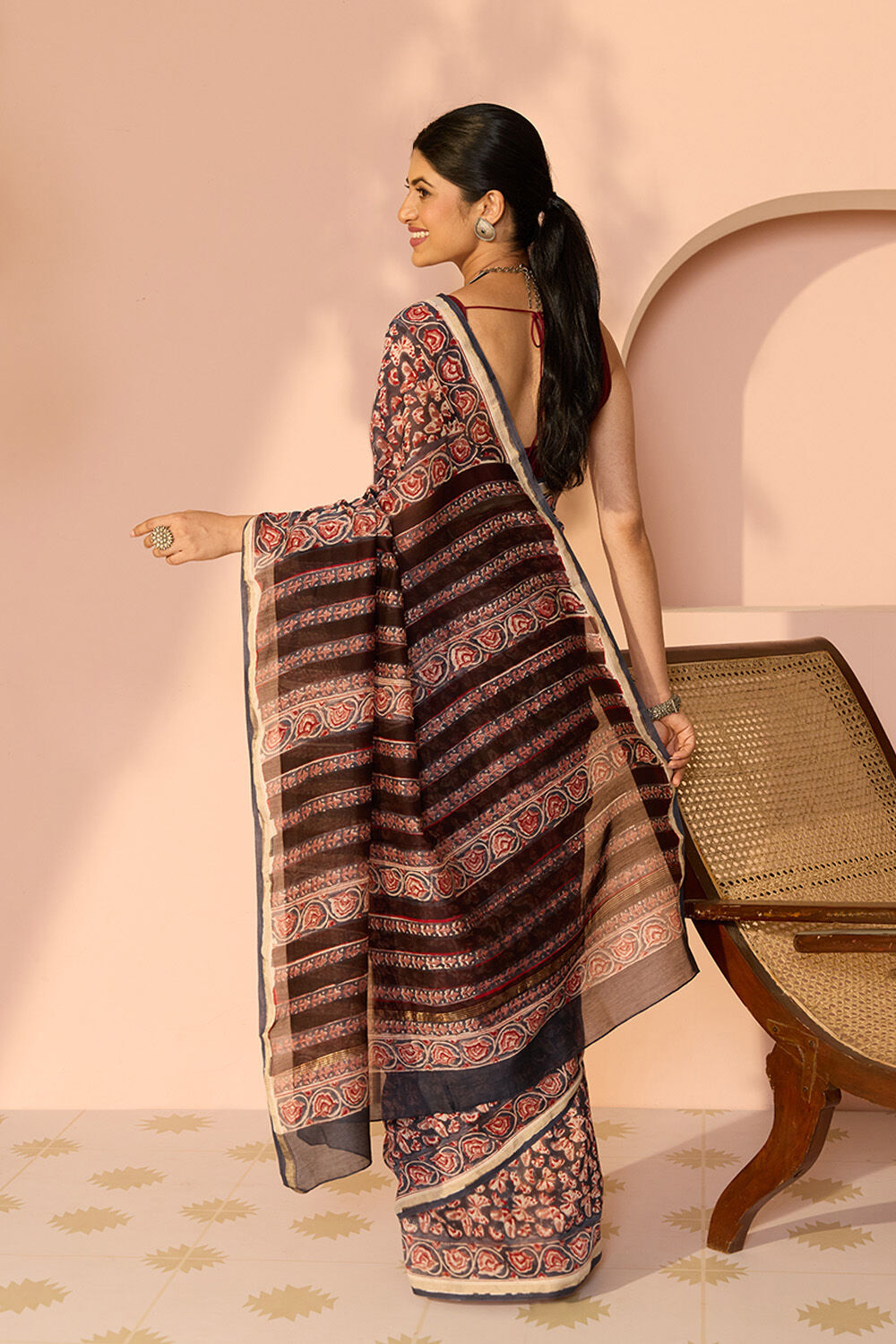 Dark Blue Rajasthan Pure Silk Cotton Printed Sanganeri Saree image number null
