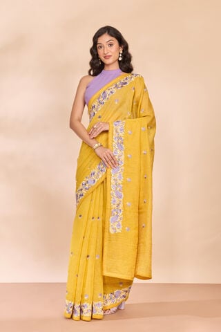 Yellow Tissue Lyocell Linen Embroidered Saree thumbnail image number null