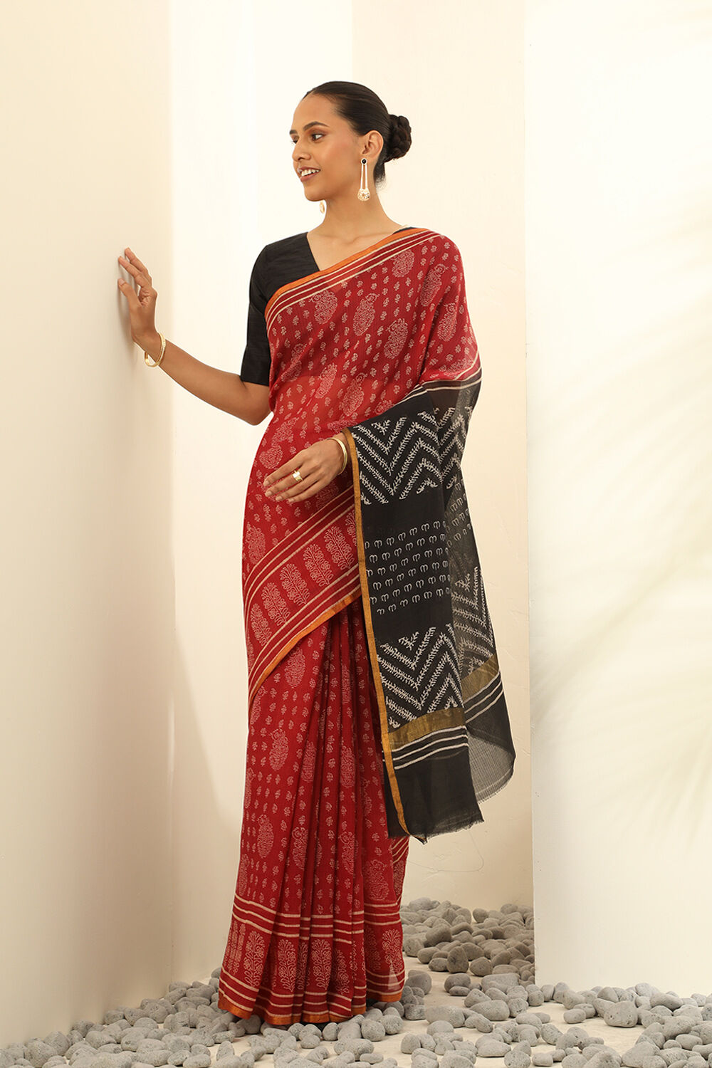 Red Pure Silk Kota Block Printed Saree image number null