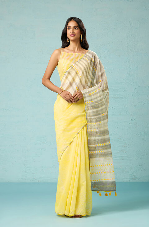 Yellow Pure Silk Cotton Kantha Embroidered Saree