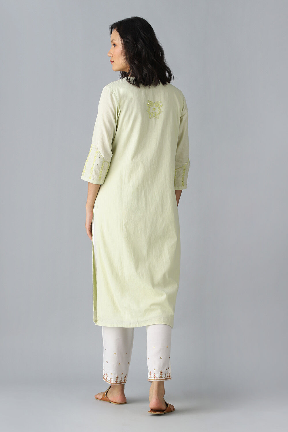 Light Green Embroidered Cotton Kurta image number null