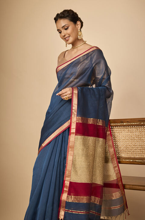 Dark Blue Woven Pure Silk Cotton Maheshwari Saree