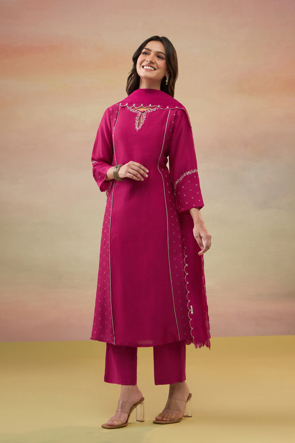 Dark Pink Pure Silk Cotton Embroidered Kurta Set image number null