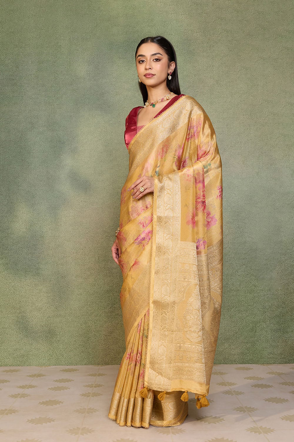 Yellow Printed Viscose Tissue Saree image number null