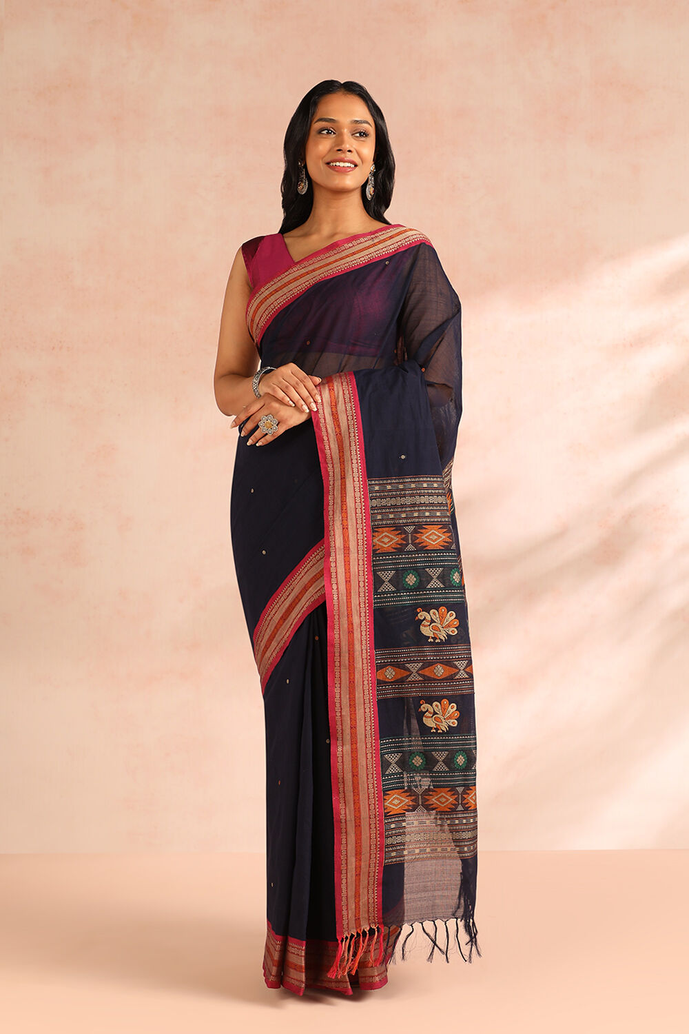 Navy Woven Pure Cotton Saree image number null