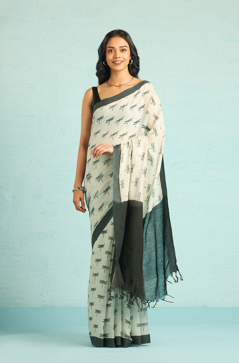Off White Screen Printed Pure Linen Saree