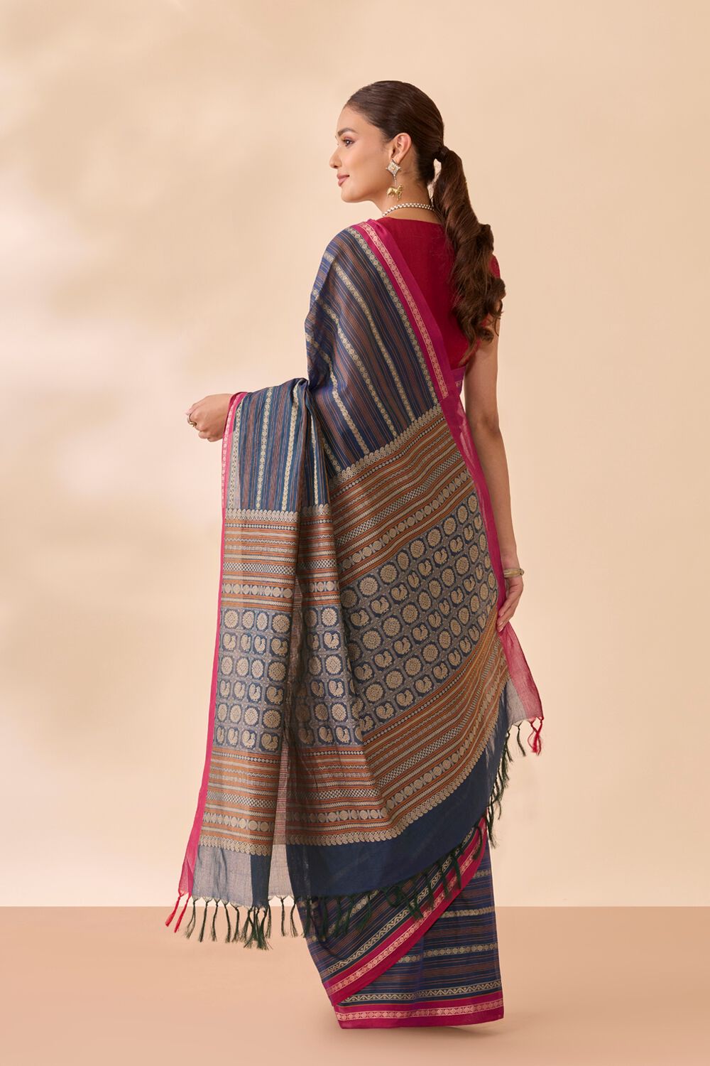 Dark Blue Woven Pure Cotton Saree image number null