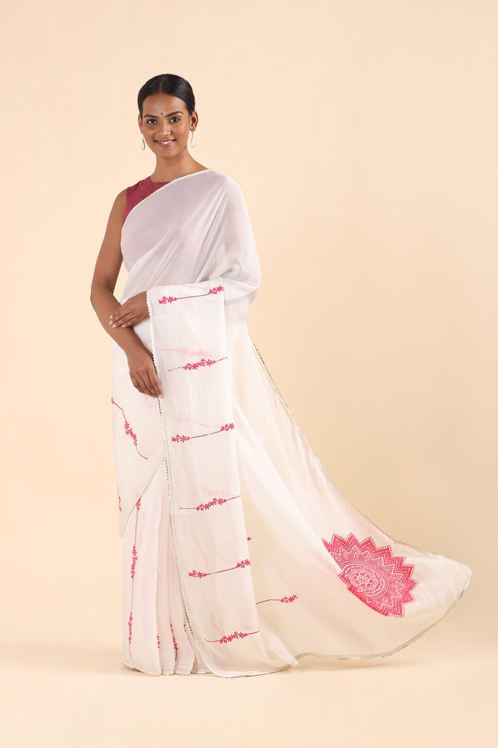 Off White Viscose Embroidered Saree image number null
