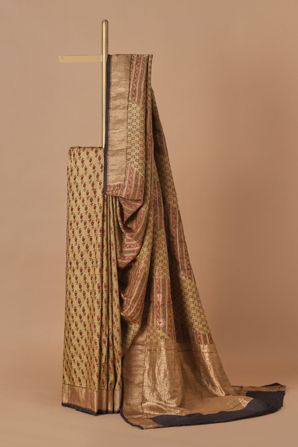 Beige Pure Silk Tussar Bagru Print and Zardosi Embroidered Saree image number null
