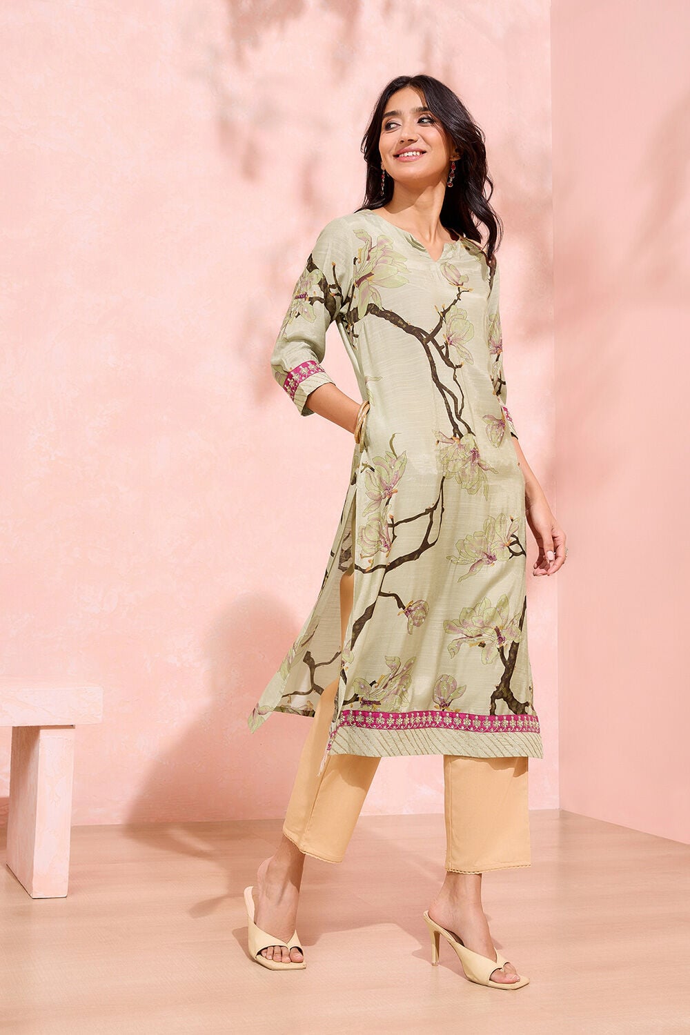 Beige Printed Viscose Kurta image number null