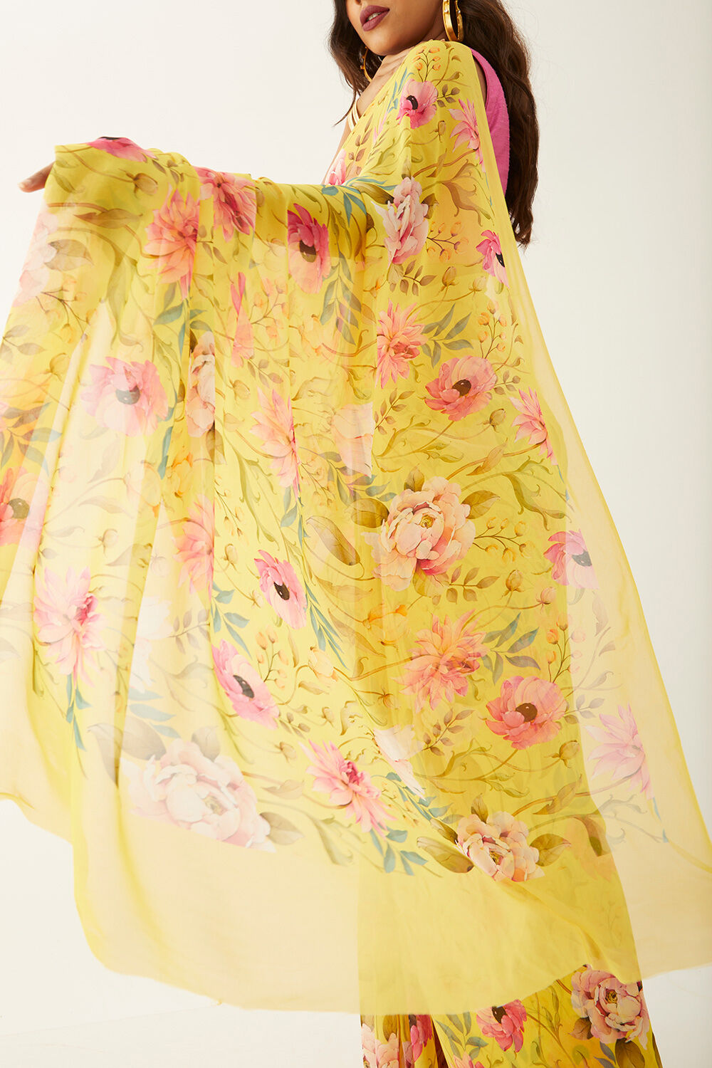 Yellow Viscose Georgette Digital Print Saree image number null