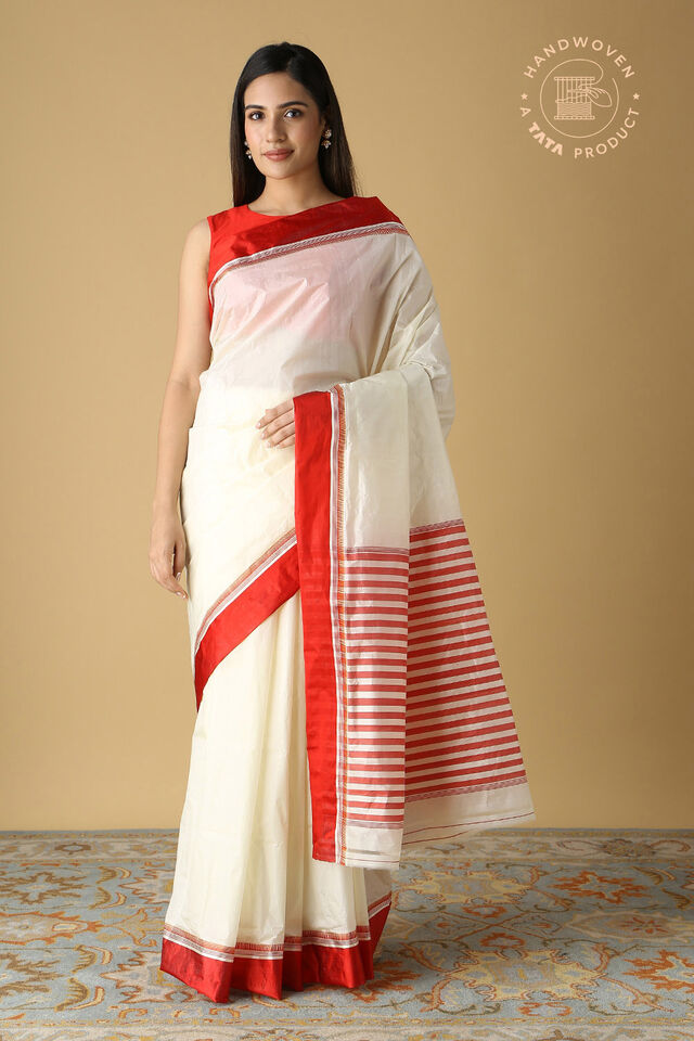 Off White Pure Silk Bengal Saree