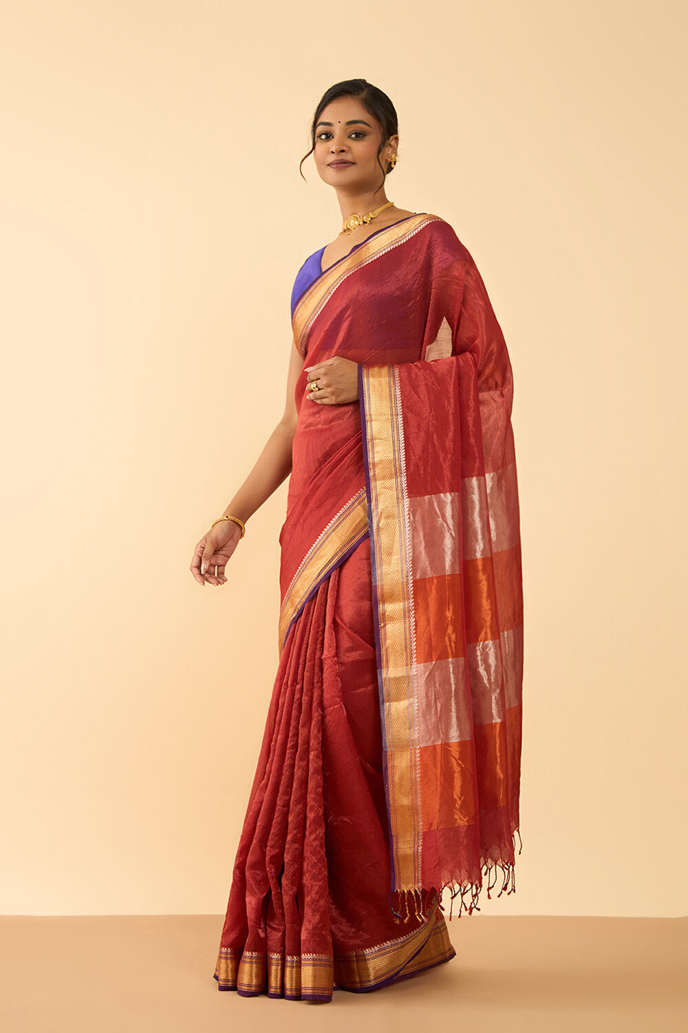 Orange Woven Pure Silk Tissue Maheshwari Saree image number null