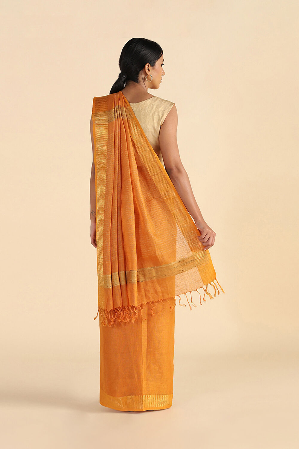 Orange Handwoven Bhagalpuri Pure Linen Saree image number null
