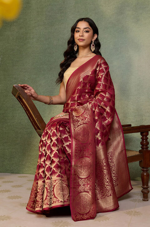 Dark Red Woven Pure Viscose Saree