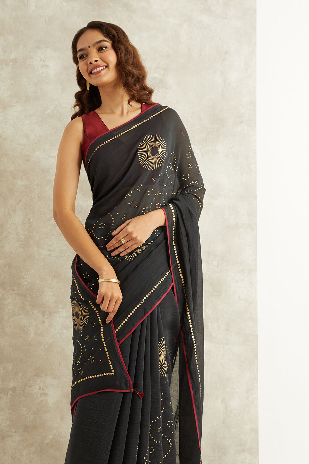 Black Block Printed Pure Silk Cotton Bengal Saree image number null