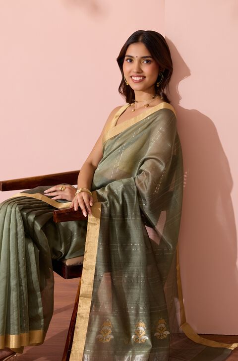 Dark Green Eknaliya Pure Silk Cotton Chanderi Saree