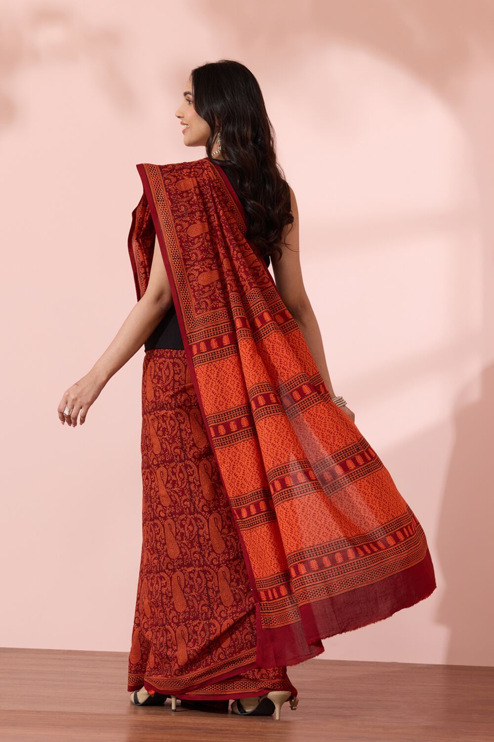 Red Bagh Block Printed Pure Cotton Saree image number null
