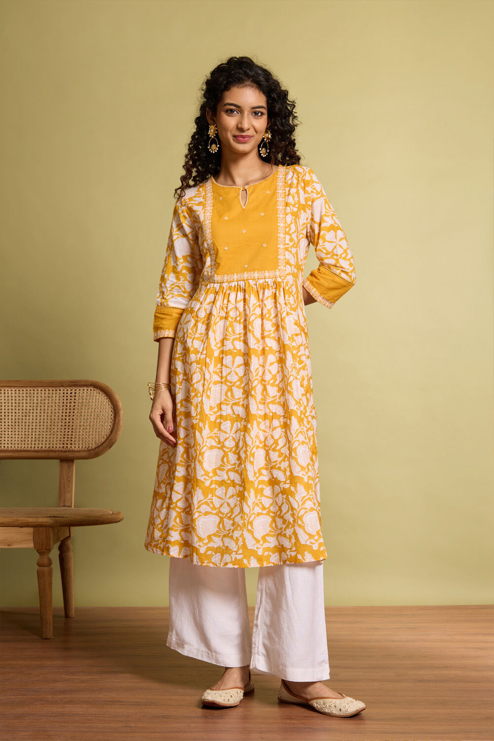 Yellow Pure Cotton Printed Embroidery Kurta image number null
