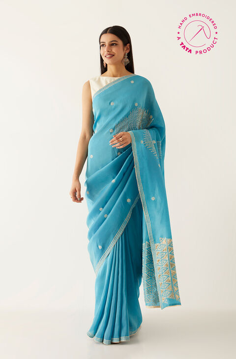 Blue Tissue Pure Organza Printed Saree