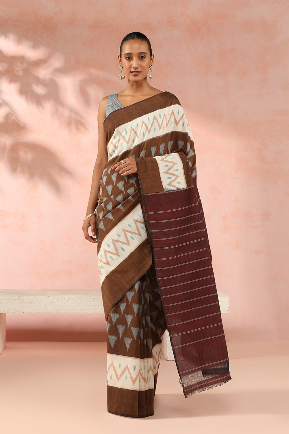 Brown Pure Cotton Pochampalli Ikat Saree image number null